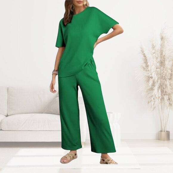 NEW SHEWIN 2 PC Lounge Set - Casual Waffle Knit Short Sleeve Top/Wide Leg Pant - Picture 1 of 5